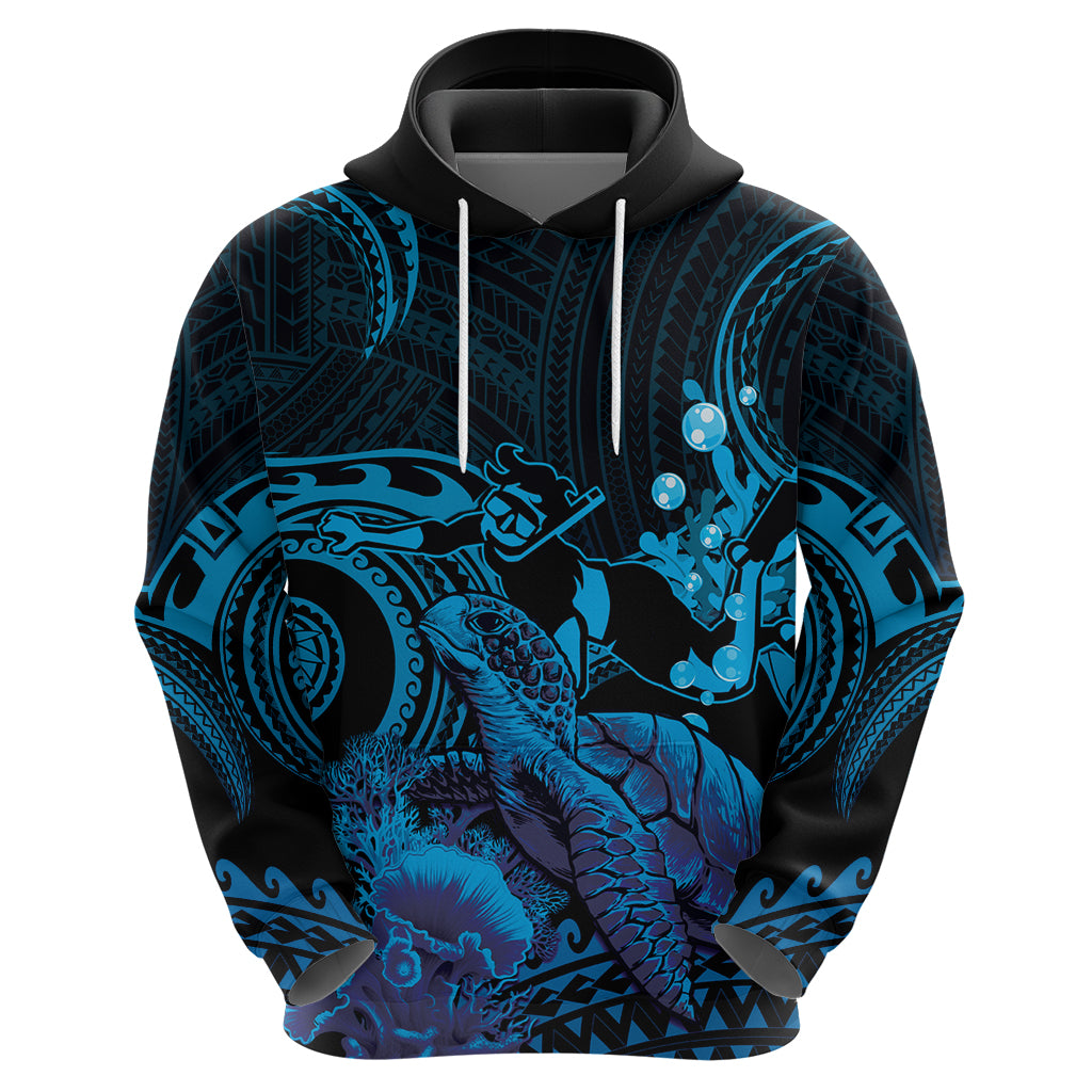 Blue Aloha Hawaii Zip Hoodie Snorkeling With Sea Turtle Polynesian Pattern