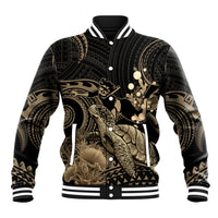 Gold Aloha Hawaii Baseball Jacket Snorkeling With Sea Turtle Polynesian Pattern