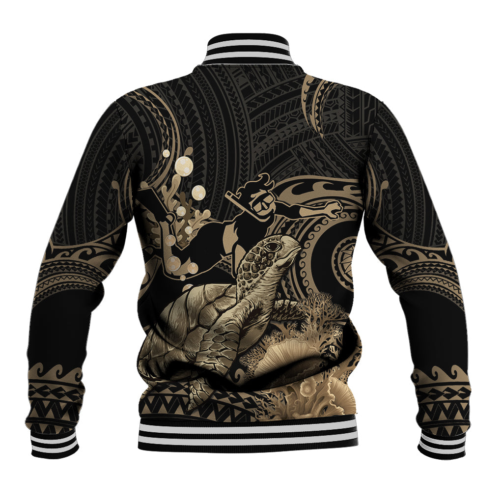 Gold Aloha Hawaii Baseball Jacket Snorkeling With Sea Turtle Polynesian Pattern