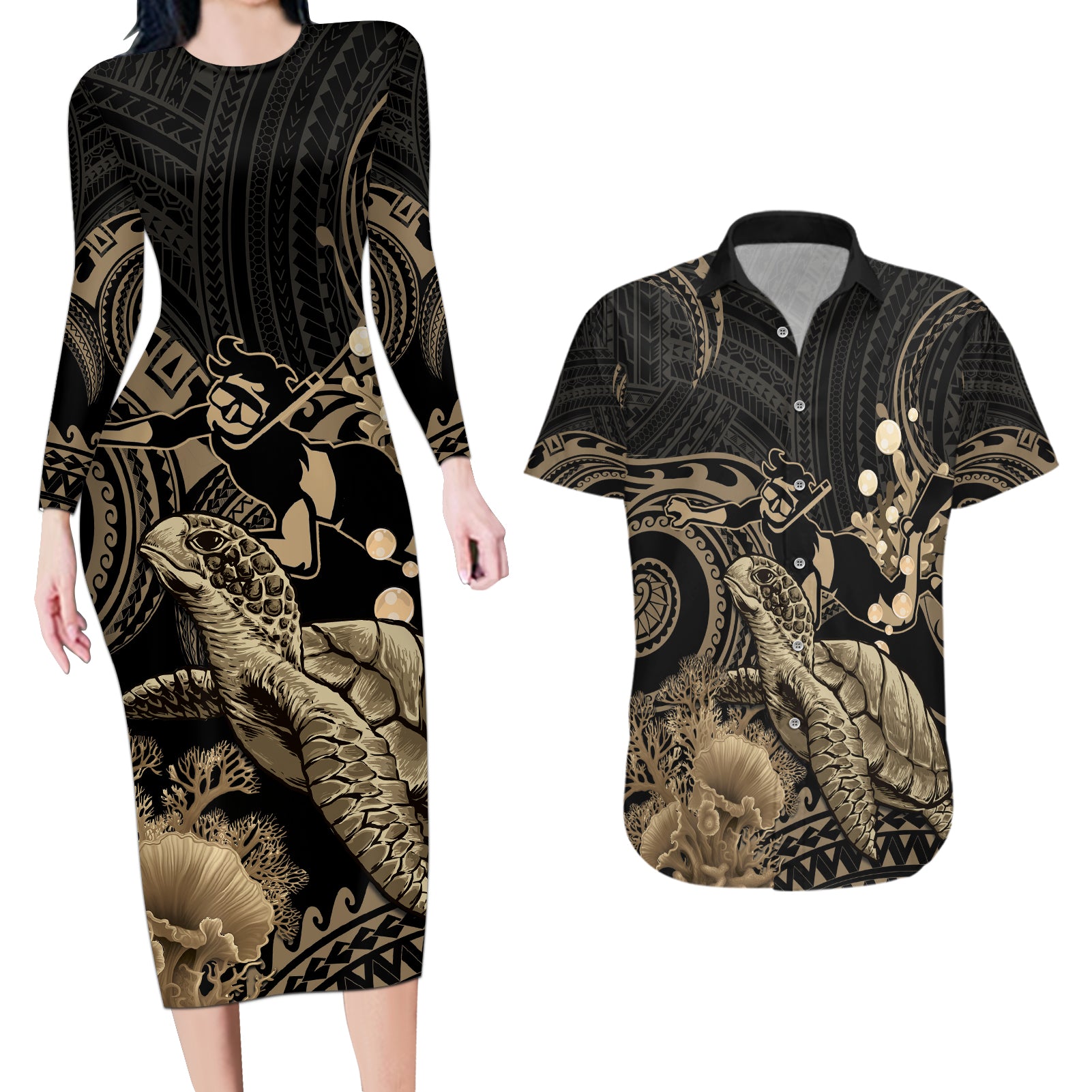 Gold Aloha Hawaii Couples Matching Long Sleeve Bodycon Dress and Hawaiian Shirt Snorkeling With Sea Turtle Polynesian Pattern