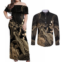 Gold Aloha Hawaii Couples Matching Off Shoulder Maxi Dress and Long Sleeve Button Shirt Snorkeling With Sea Turtle Polynesian Pattern