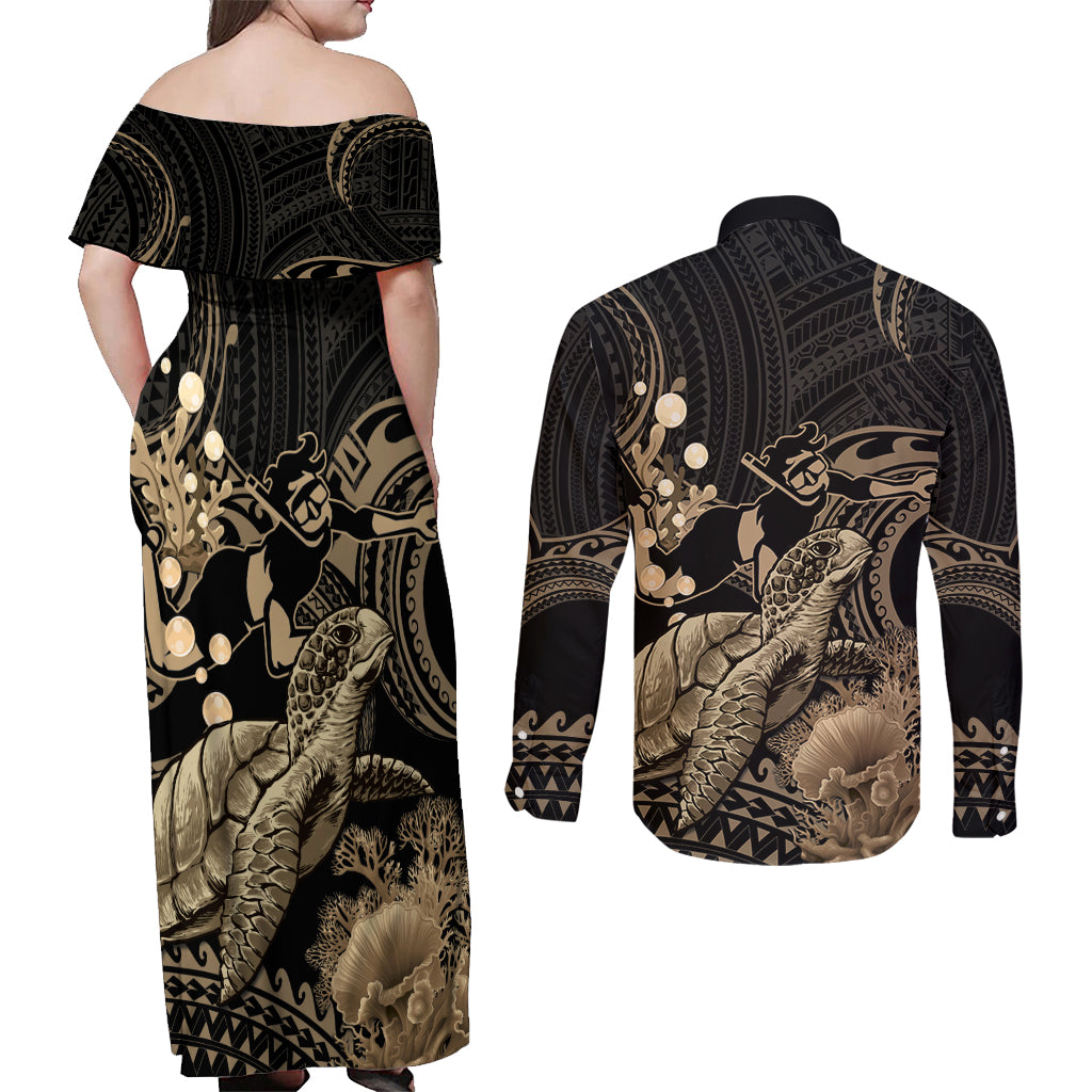 Gold Aloha Hawaii Couples Matching Off Shoulder Maxi Dress and Long Sleeve Button Shirt Snorkeling With Sea Turtle Polynesian Pattern