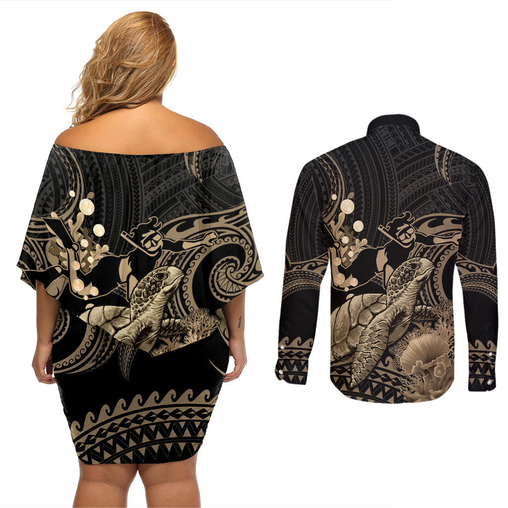 Gold Aloha Hawaii Couples Matching Off Shoulder Short Dress and Long Sleeve Button Shirt Snorkeling With Sea Turtle Polynesian Pattern