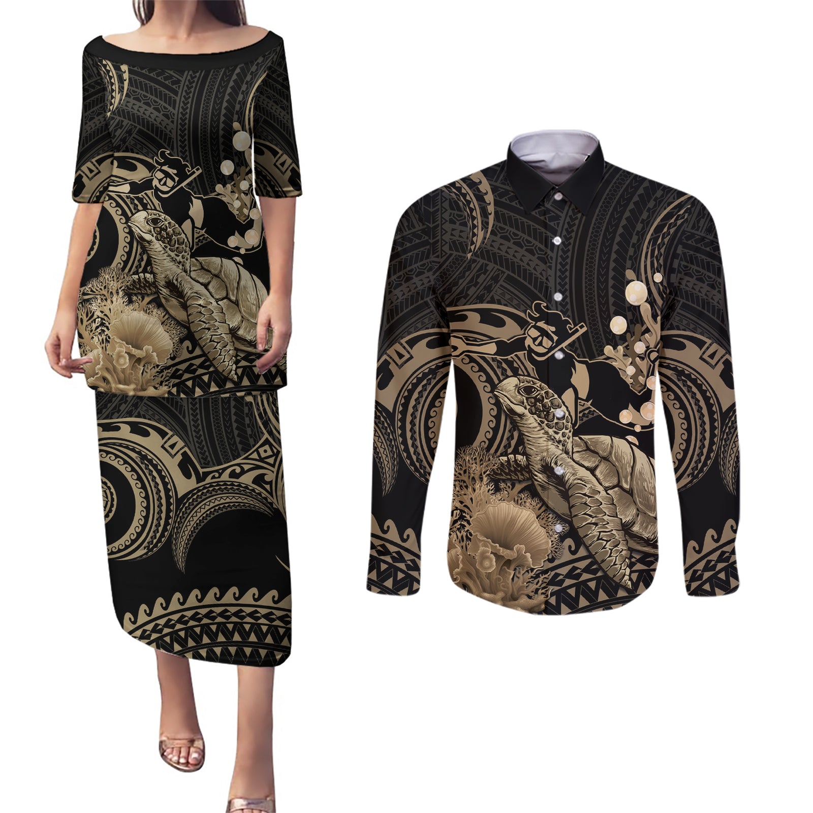 Gold Aloha Hawaii Couples Matching Puletasi and Long Sleeve Button Shirt Snorkeling With Sea Turtle Polynesian Pattern