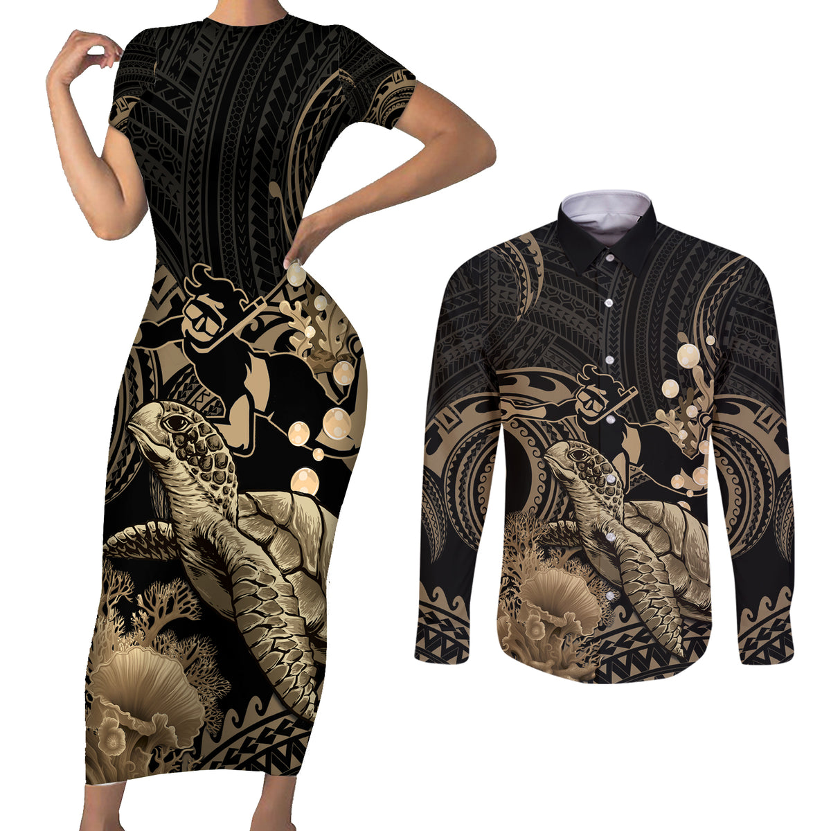 Gold Aloha Hawaii Couples Matching Short Sleeve Bodycon Dress and Long Sleeve Button Shirt Snorkeling With Sea Turtle Polynesian Pattern