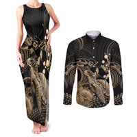 Gold Aloha Hawaii Couples Matching Tank Maxi Dress and Long Sleeve Button Shirt Snorkeling With Sea Turtle Polynesian Pattern