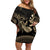 Gold Aloha Hawaii Family Matching Off Shoulder Short Dress and Hawaiian Shirt Snorkeling With Sea Turtle Polynesian Pattern