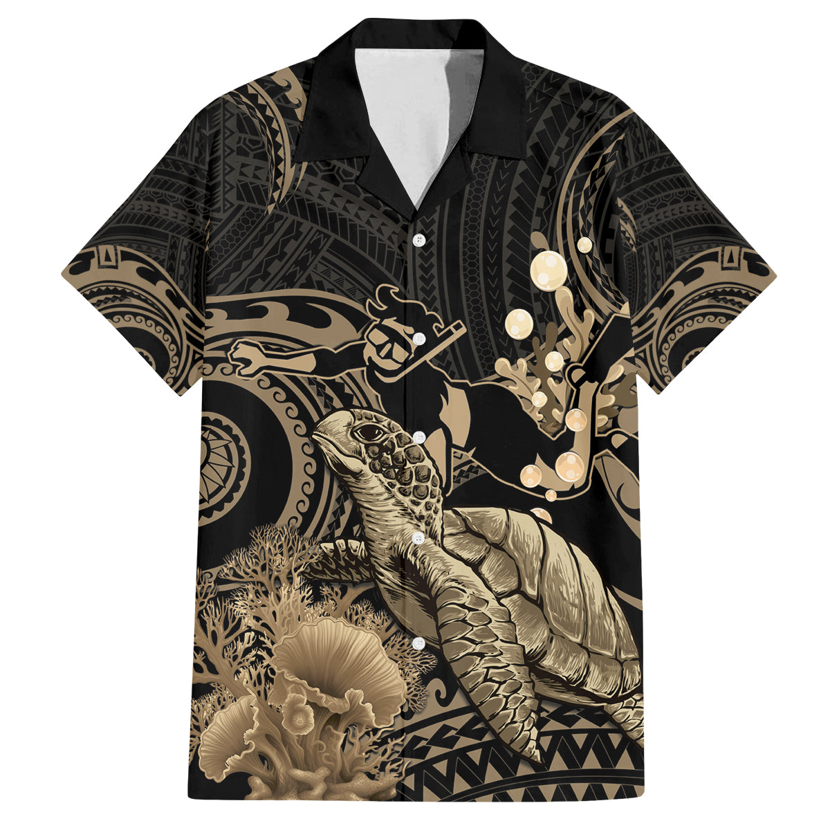 Gold Aloha Hawaii Family Matching Summer Maxi Dress and Hawaiian Shirt Snorkeling With Sea Turtle Polynesian Pattern