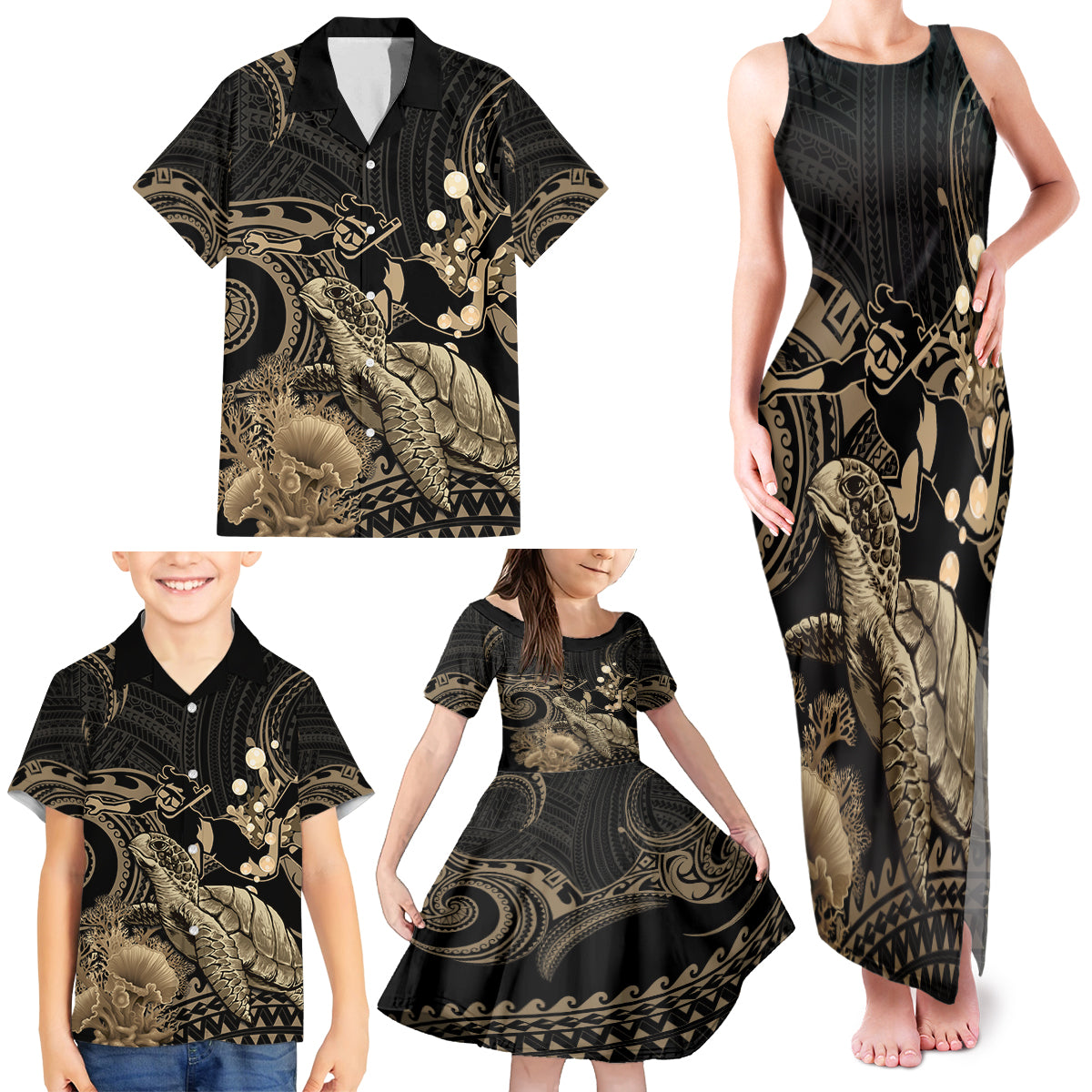 Gold Aloha Hawaii Family Matching Tank Maxi Dress and Hawaiian Shirt Snorkeling With Sea Turtle Polynesian Pattern
