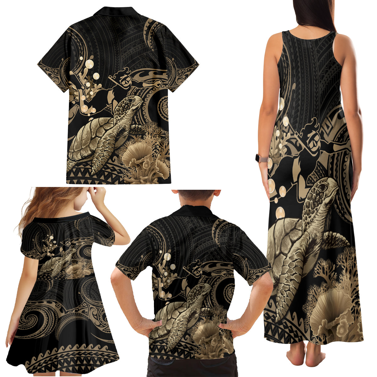 Gold Aloha Hawaii Family Matching Tank Maxi Dress and Hawaiian Shirt Snorkeling With Sea Turtle Polynesian Pattern