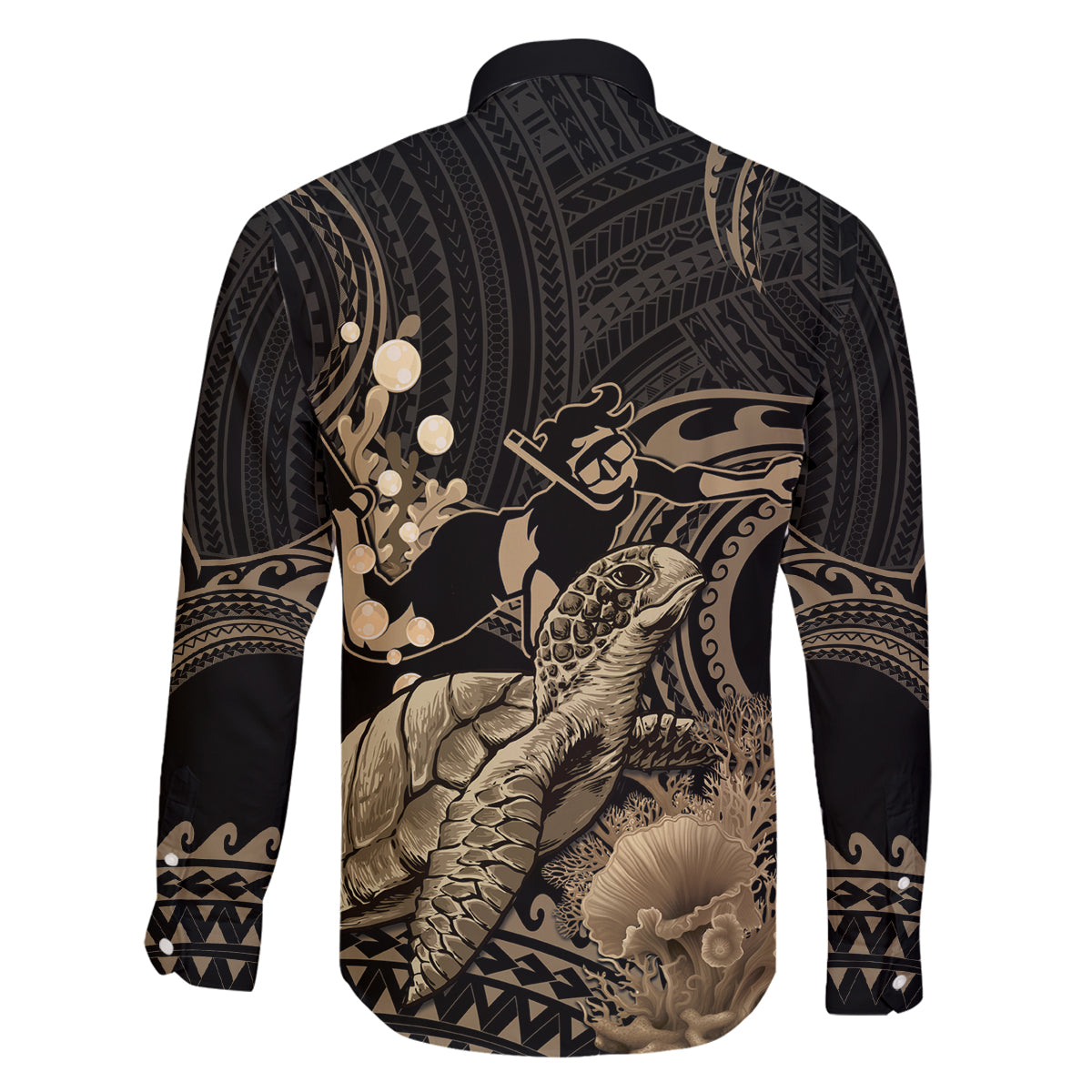 Gold Aloha Hawaii Family Matching Tank Maxi Dress and Hawaiian Shirt Snorkeling With Sea Turtle Polynesian Pattern