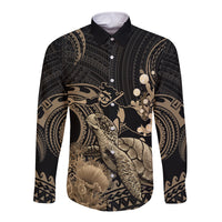 Gold Aloha Hawaii Long Sleeve Button Shirt Snorkeling With Sea Turtle Polynesian Pattern
