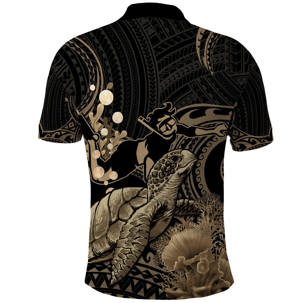 Gold Aloha Hawaii Polo Shirt Snorkeling With Sea Turtle Polynesian Pattern