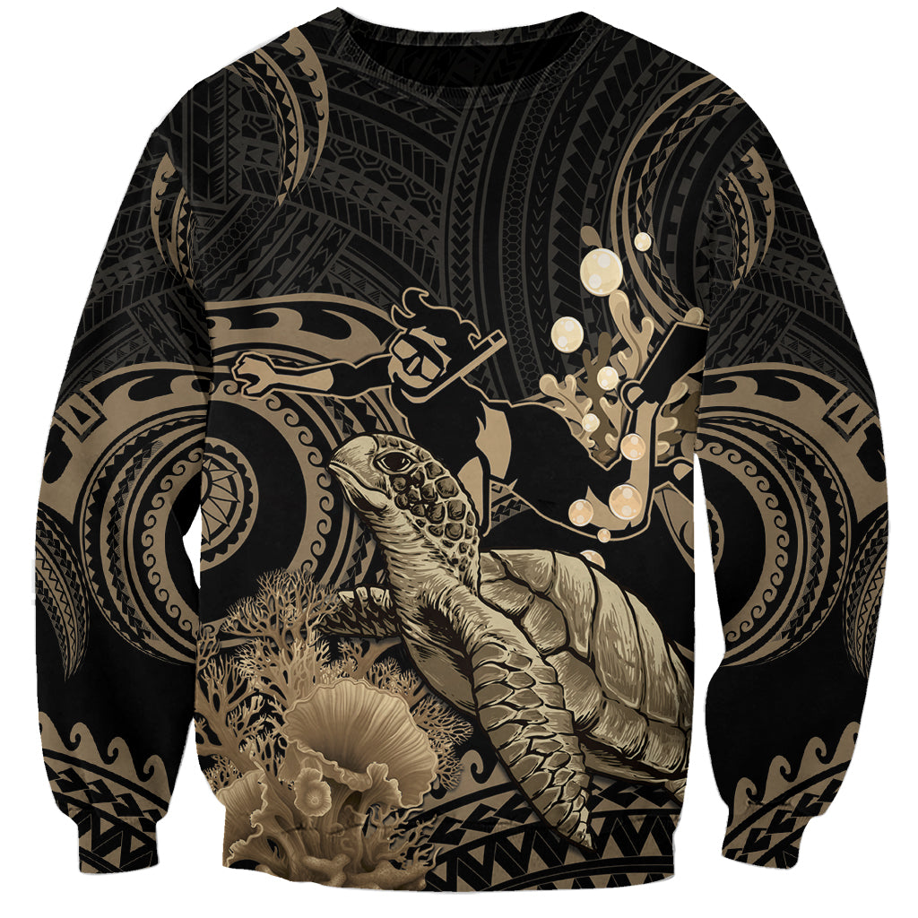 Gold Aloha Hawaii Sweatshirt Snorkeling With Sea Turtle Polynesian Pattern
