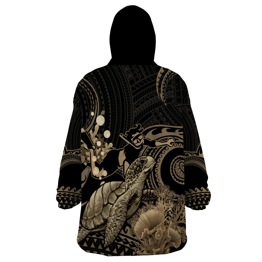 Gold Aloha Hawaii Wearable Blanket Hoodie Snorkeling With Sea Turtle Polynesian Pattern