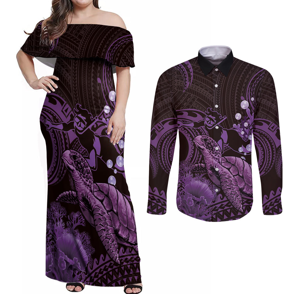 Purple Aloha Hawaii Couples Matching Off Shoulder Maxi Dress and Long Sleeve Button Shirt Snorkeling With Sea Turtle Polynesian Pattern