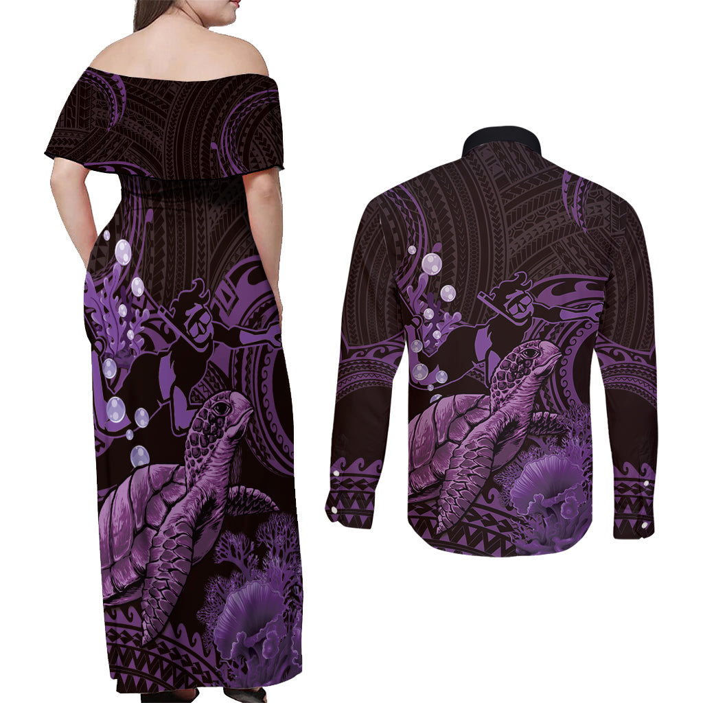 Purple Aloha Hawaii Couples Matching Off Shoulder Maxi Dress and Long Sleeve Button Shirt Snorkeling With Sea Turtle Polynesian Pattern