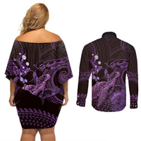 Purple Aloha Hawaii Couples Matching Off Shoulder Short Dress and Long Sleeve Button Shirt Snorkeling With Sea Turtle Polynesian Pattern