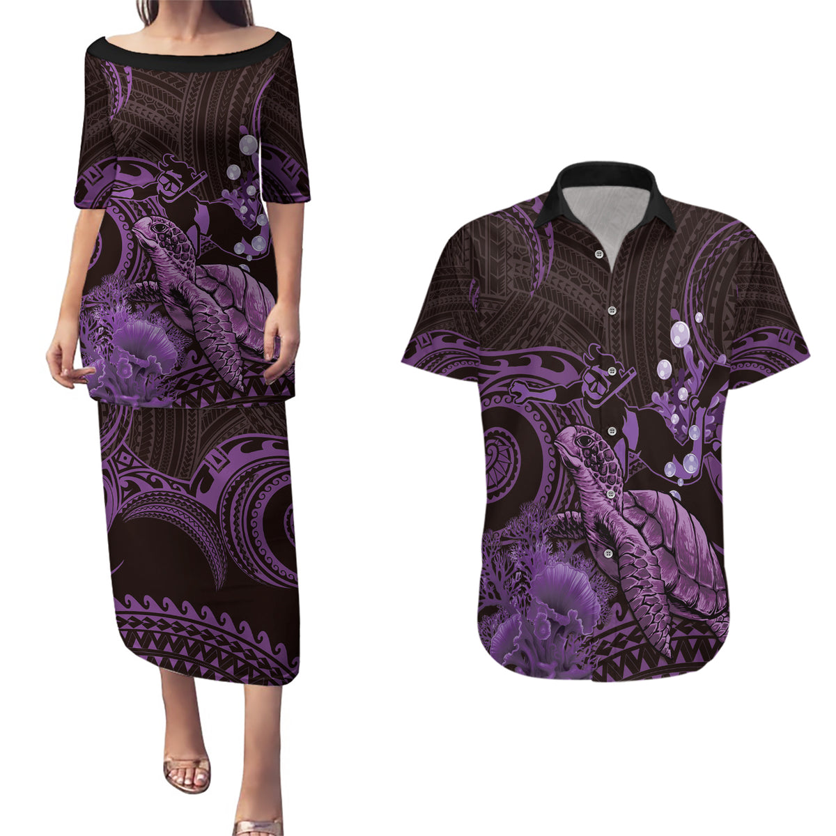 Purple Aloha Hawaii Couples Matching Puletasi and Hawaiian Shirt Snorkeling With Sea Turtle Polynesian Pattern