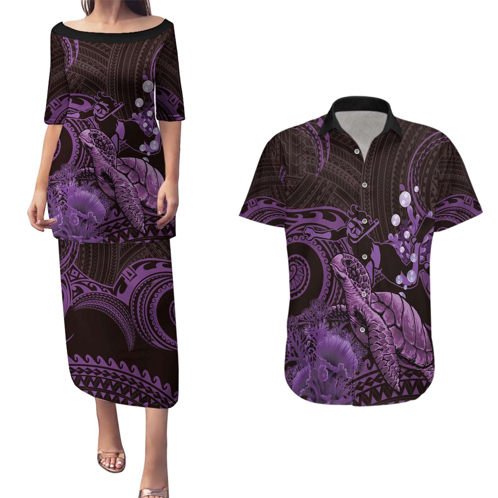 Purple Aloha Hawaii Couples Matching Puletasi and Hawaiian Shirt Snorkeling With Sea Turtle Polynesian Pattern