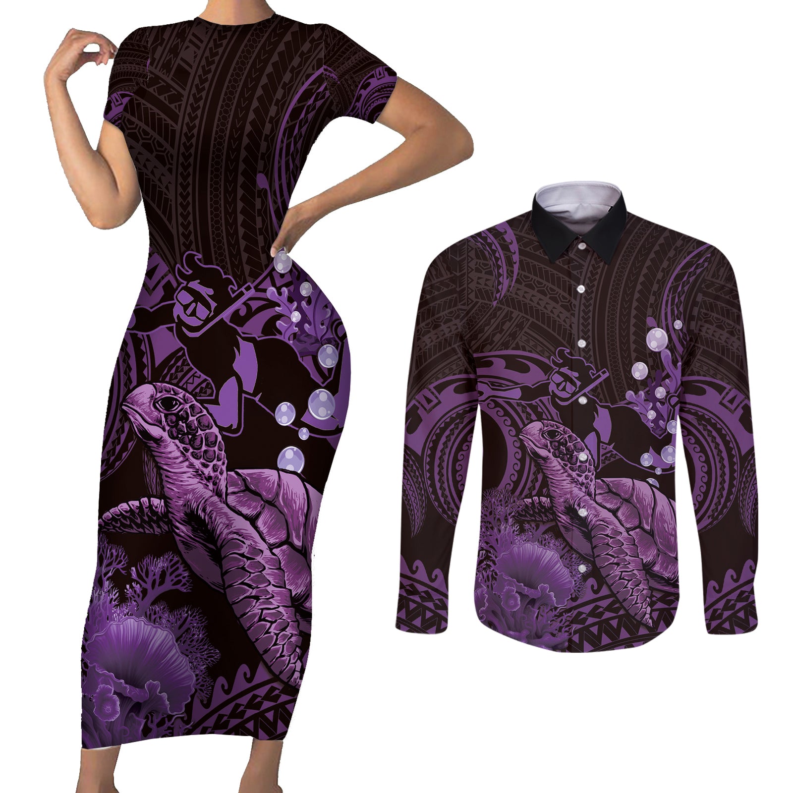 Purple Aloha Hawaii Couples Matching Short Sleeve Bodycon Dress and Long Sleeve Button Shirt Snorkeling With Sea Turtle Polynesian Pattern