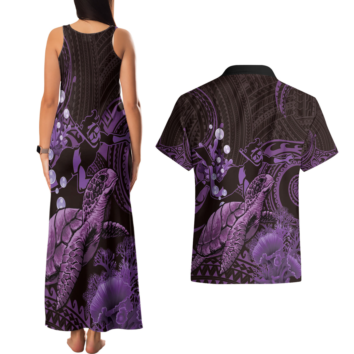 Purple Aloha Hawaii Couples Matching Tank Maxi Dress and Hawaiian Shirt Snorkeling With Sea Turtle Polynesian Pattern