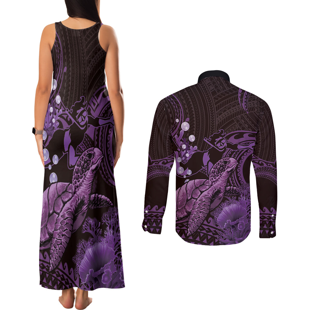 Purple Aloha Hawaii Couples Matching Tank Maxi Dress and Long Sleeve Button Shirt Snorkeling With Sea Turtle Polynesian Pattern