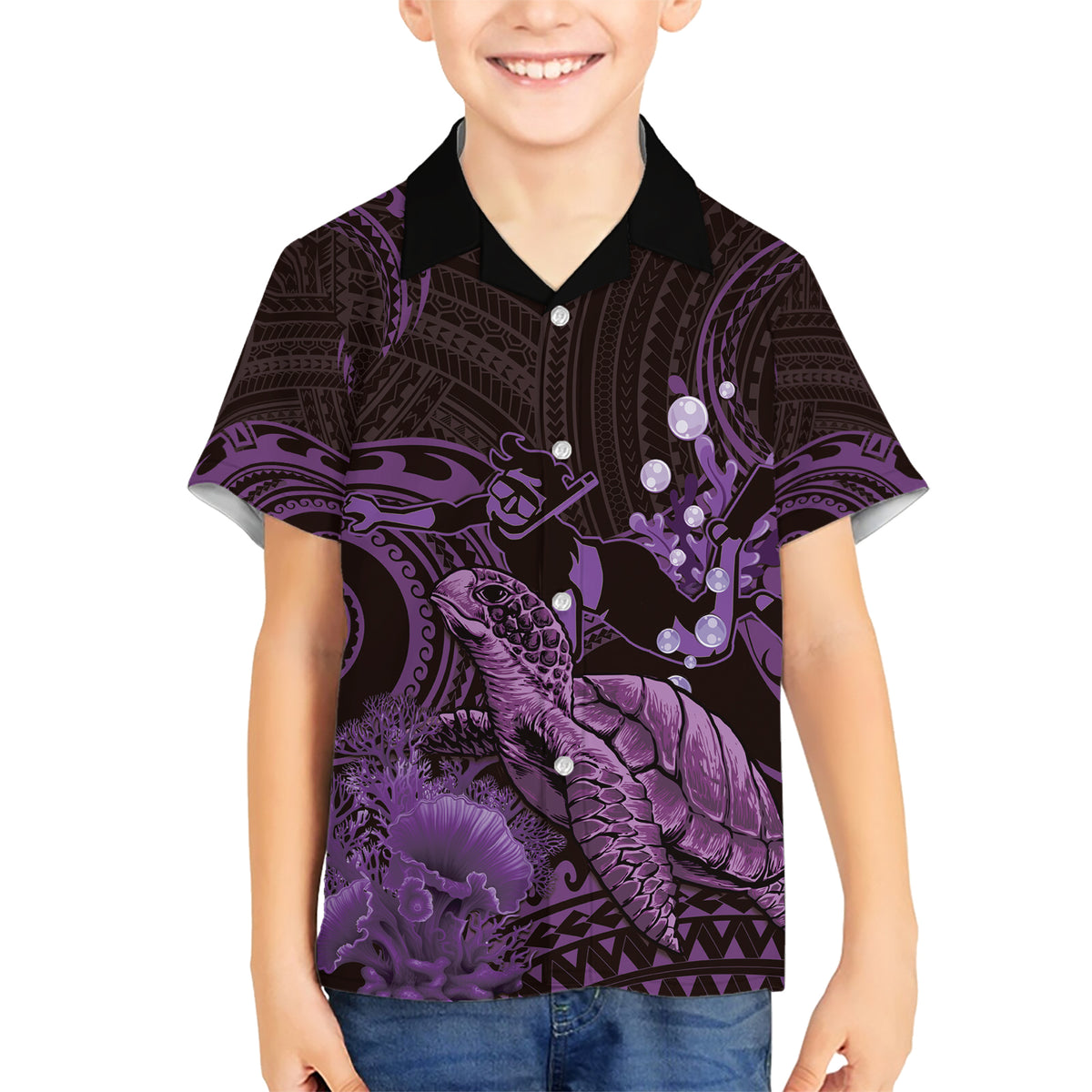 Purple Aloha Hawaii Family Matching Short Sleeve Bodycon Dress and Hawaiian Shirt Snorkeling With Sea Turtle Polynesian Pattern