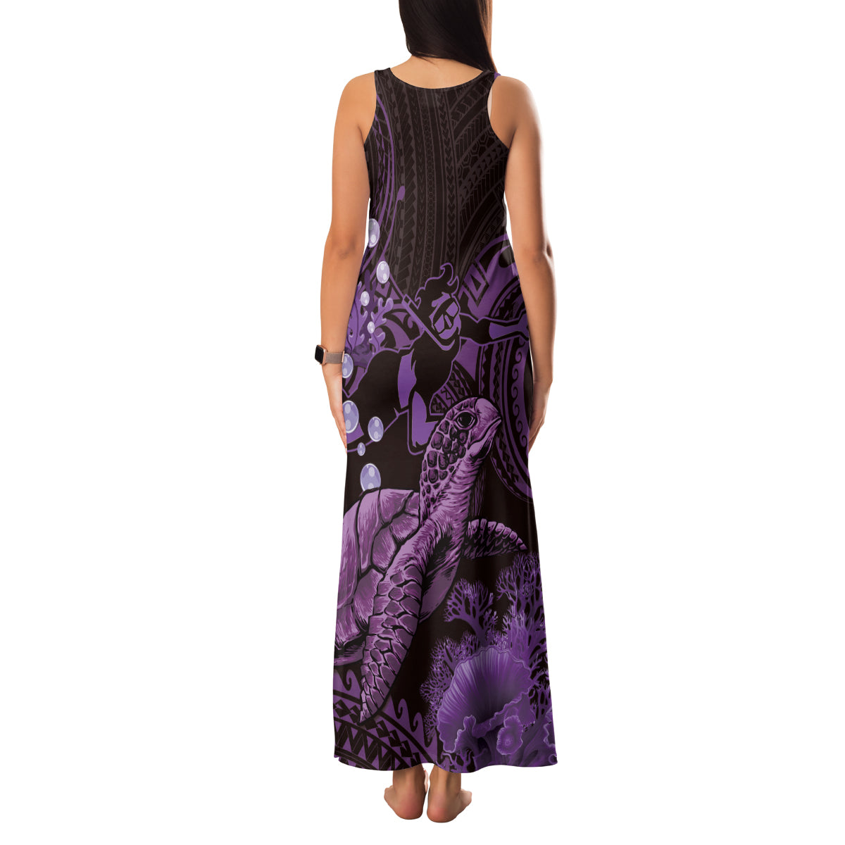 Purple Aloha Hawaii Family Matching Tank Maxi Dress and Hawaiian Shirt Snorkeling With Sea Turtle Polynesian Pattern