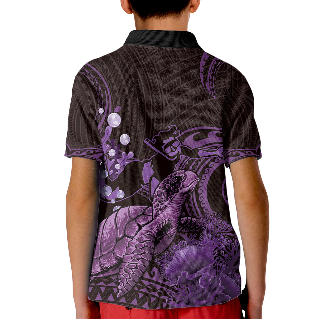 Purple Aloha Hawaii Kid Polo Shirt Snorkeling With Sea Turtle Polynesian Pattern