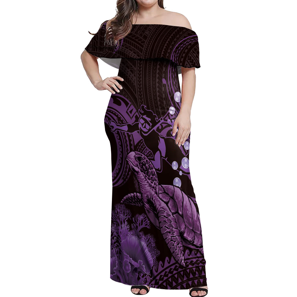 Purple Aloha Hawaii Off Shoulder Maxi Dress Snorkeling With Sea Turtle Polynesian Pattern