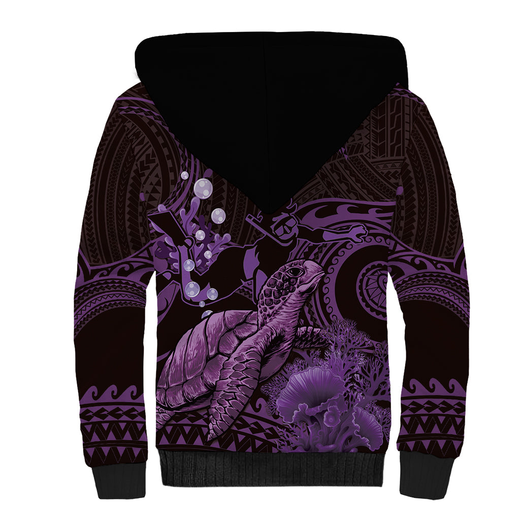 Purple Aloha Hawaii Sherpa Hoodie Snorkeling With Sea Turtle Polynesian Pattern