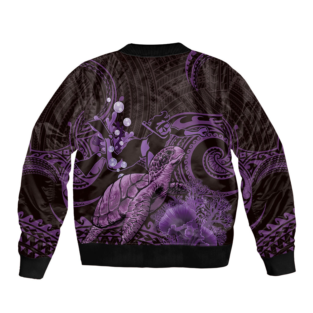 Purple Aloha Hawaii Sleeve Zip Bomber Jacket Snorkeling With Sea Turtle Polynesian Pattern