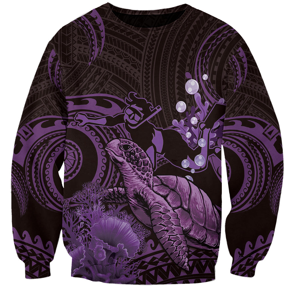 Purple Aloha Hawaii Sweatshirt Snorkeling With Sea Turtle Polynesian Pattern