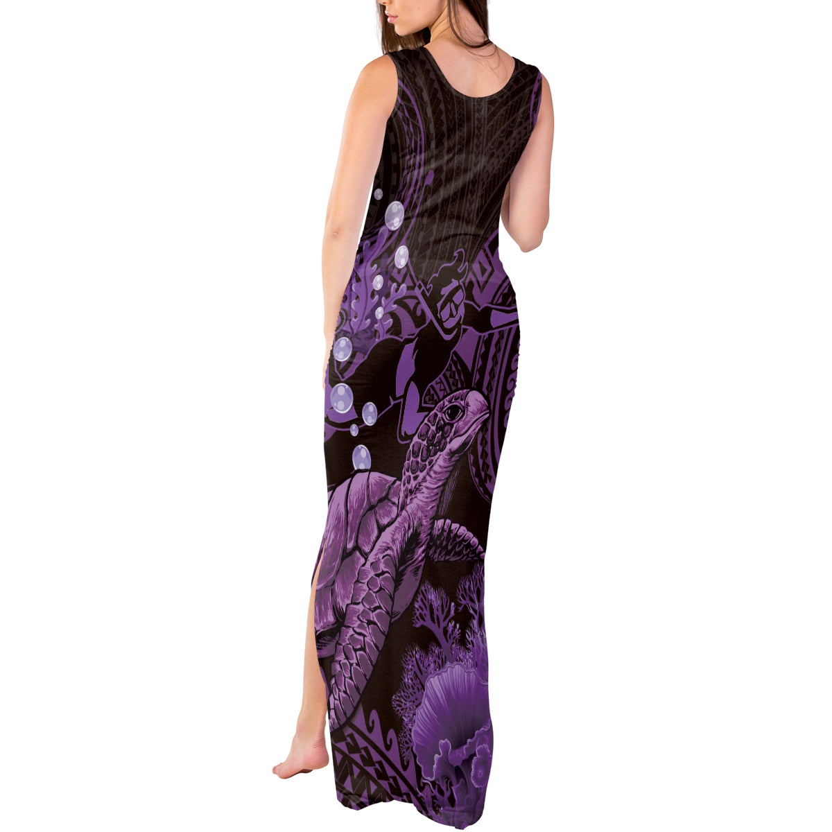 Purple Aloha Hawaii Tank Maxi Dress Snorkeling With Sea Turtle Polynesian Pattern