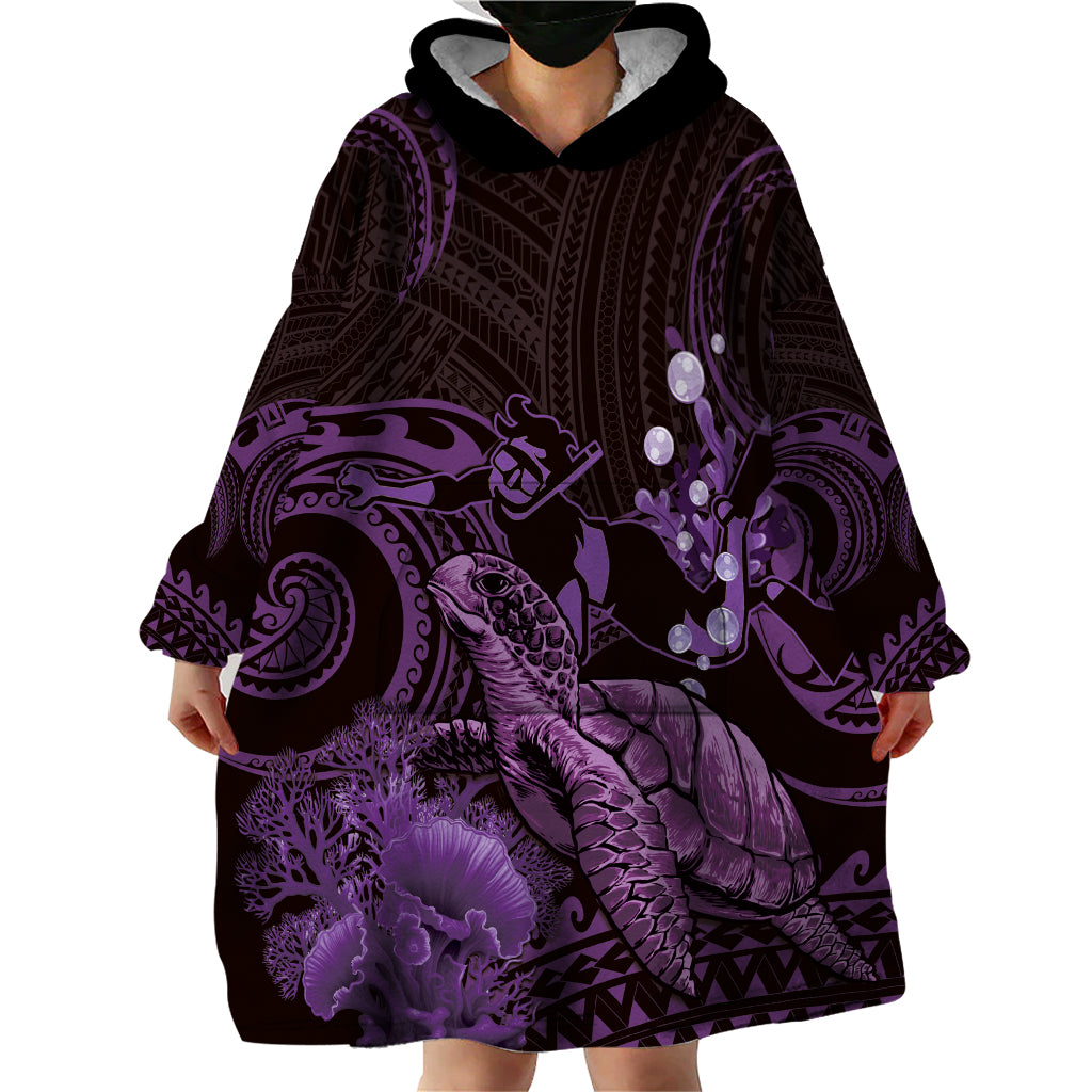 Purple Aloha Hawaii Wearable Blanket Hoodie Snorkeling With Sea Turtle Polynesian Pattern