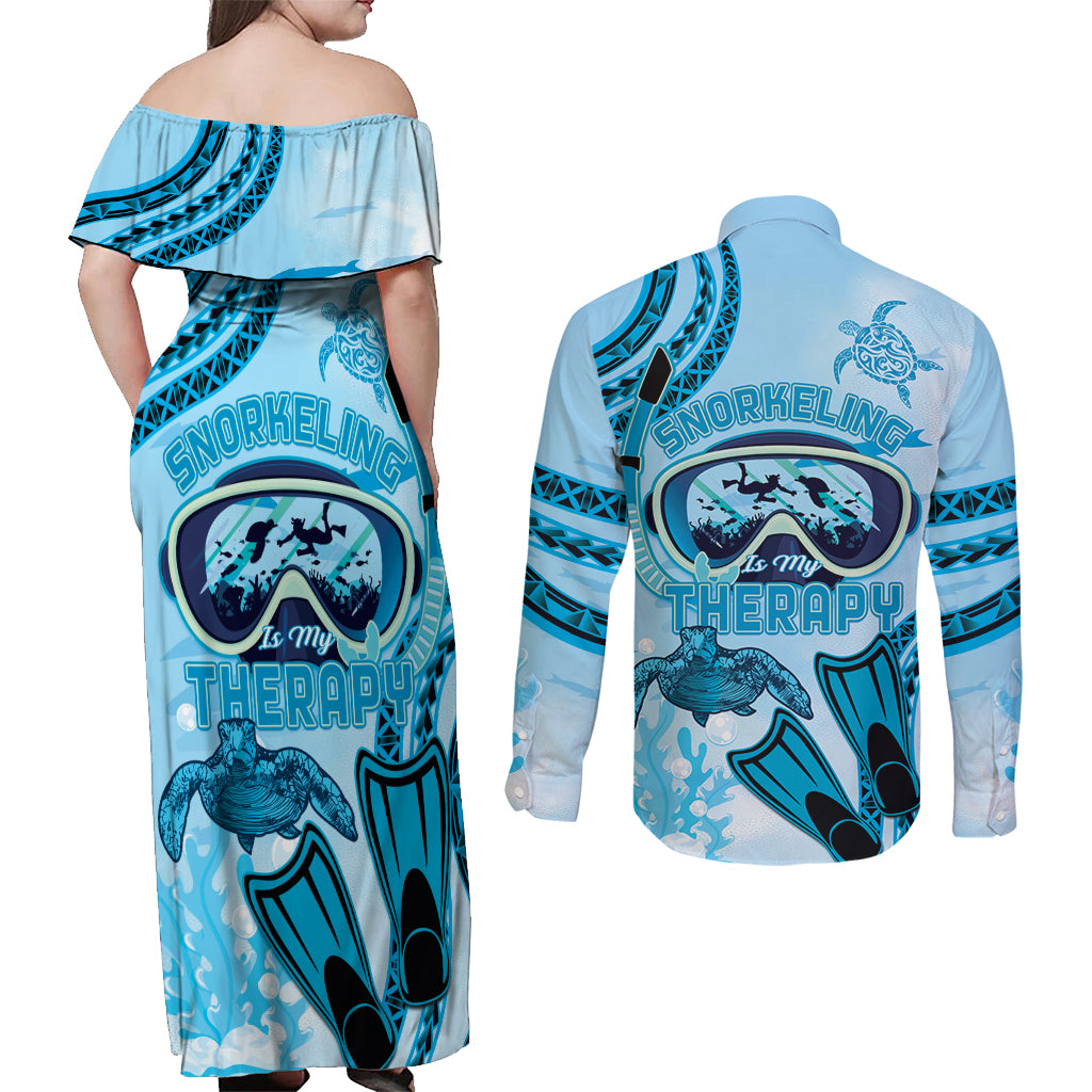 Hawaii Sea Turtle Snorkeling Is My Therapy Couples Matching Off Shoulder Maxi Dress and Long Sleeve Button Shirt