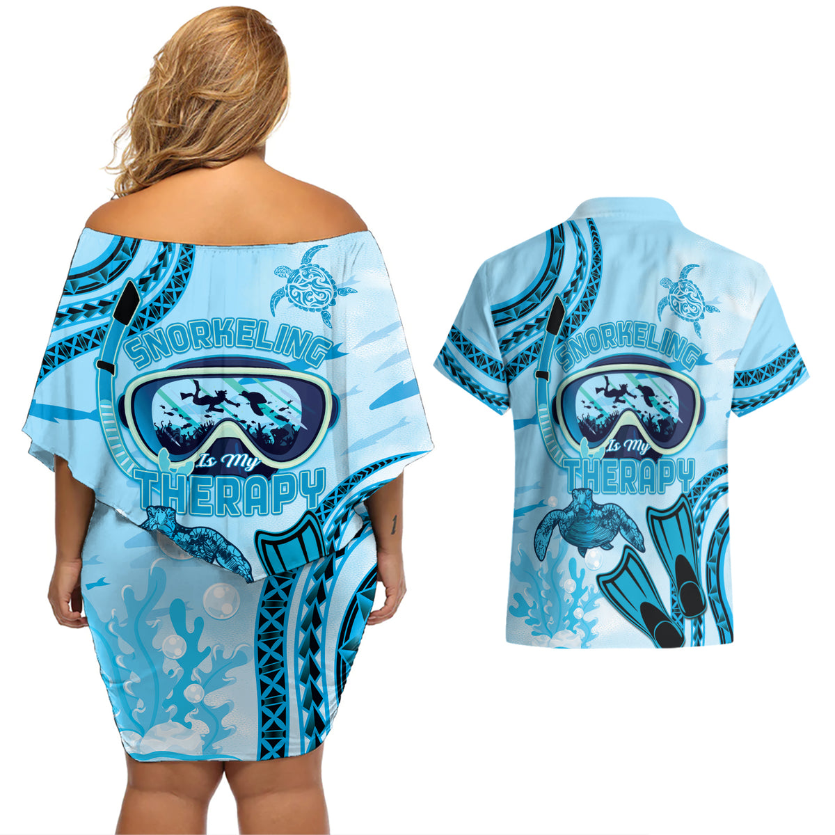 Hawaii Sea Turtle Snorkeling Is My Therapy Couples Matching Off Shoulder Short Dress and Hawaiian Shirt