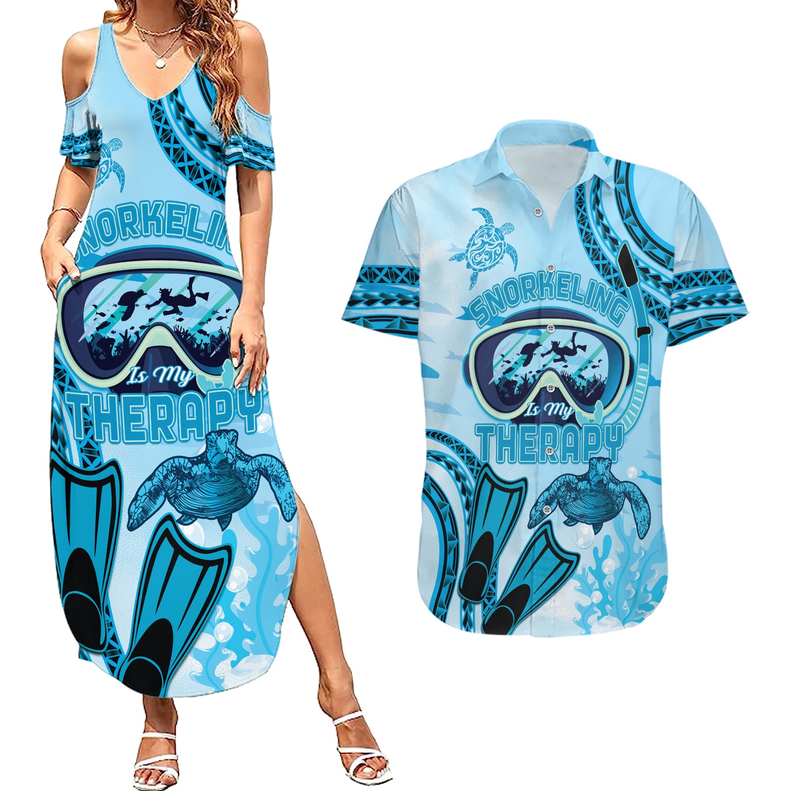 Hawaii Sea Turtle Snorkeling Is My Therapy Couples Matching Summer Maxi Dress and Hawaiian Shirt