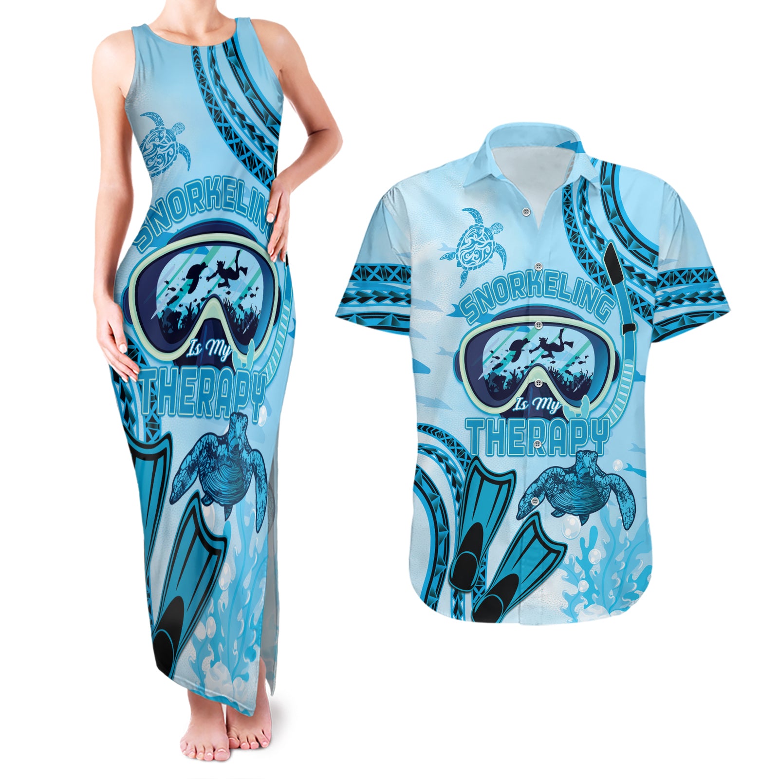 Hawaii Sea Turtle Snorkeling Is My Therapy Couples Matching Tank Maxi Dress and Hawaiian Shirt