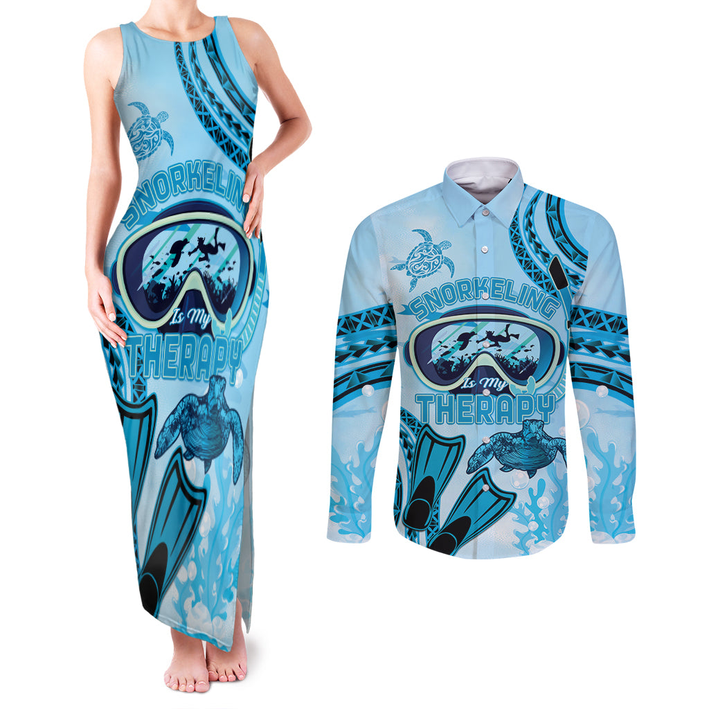 Hawaii Sea Turtle Snorkeling Is My Therapy Couples Matching Tank Maxi Dress and Long Sleeve Button Shirt