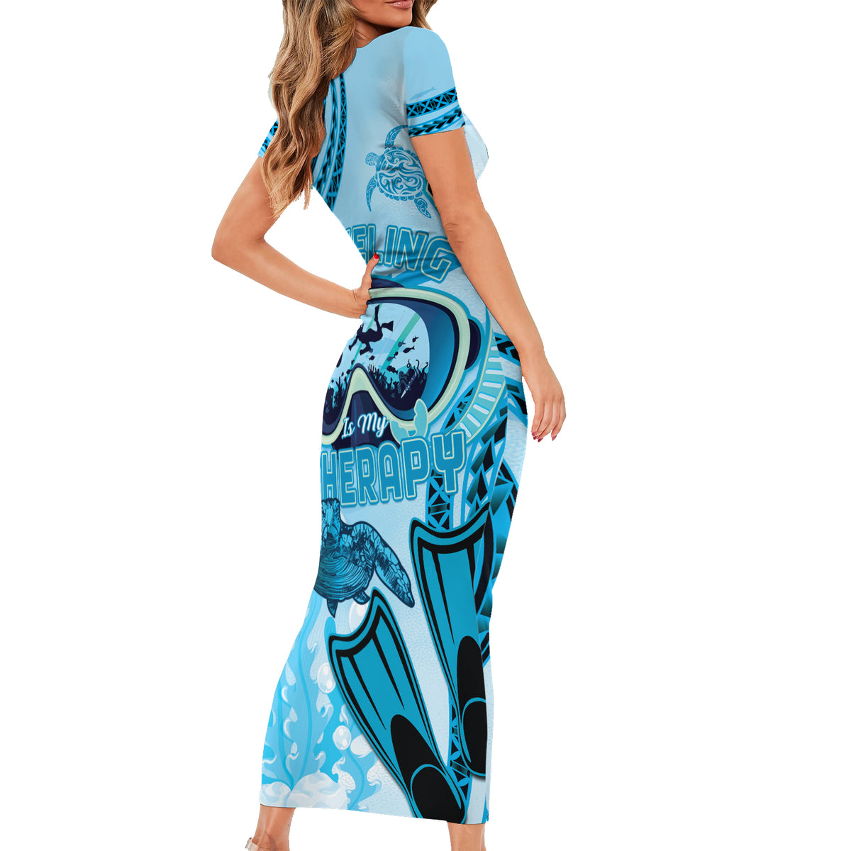 Hawaii Sea Turtle Snorkeling Is My Therapy Family Matching Short Sleeve Bodycon Dress and Hawaiian Shirt