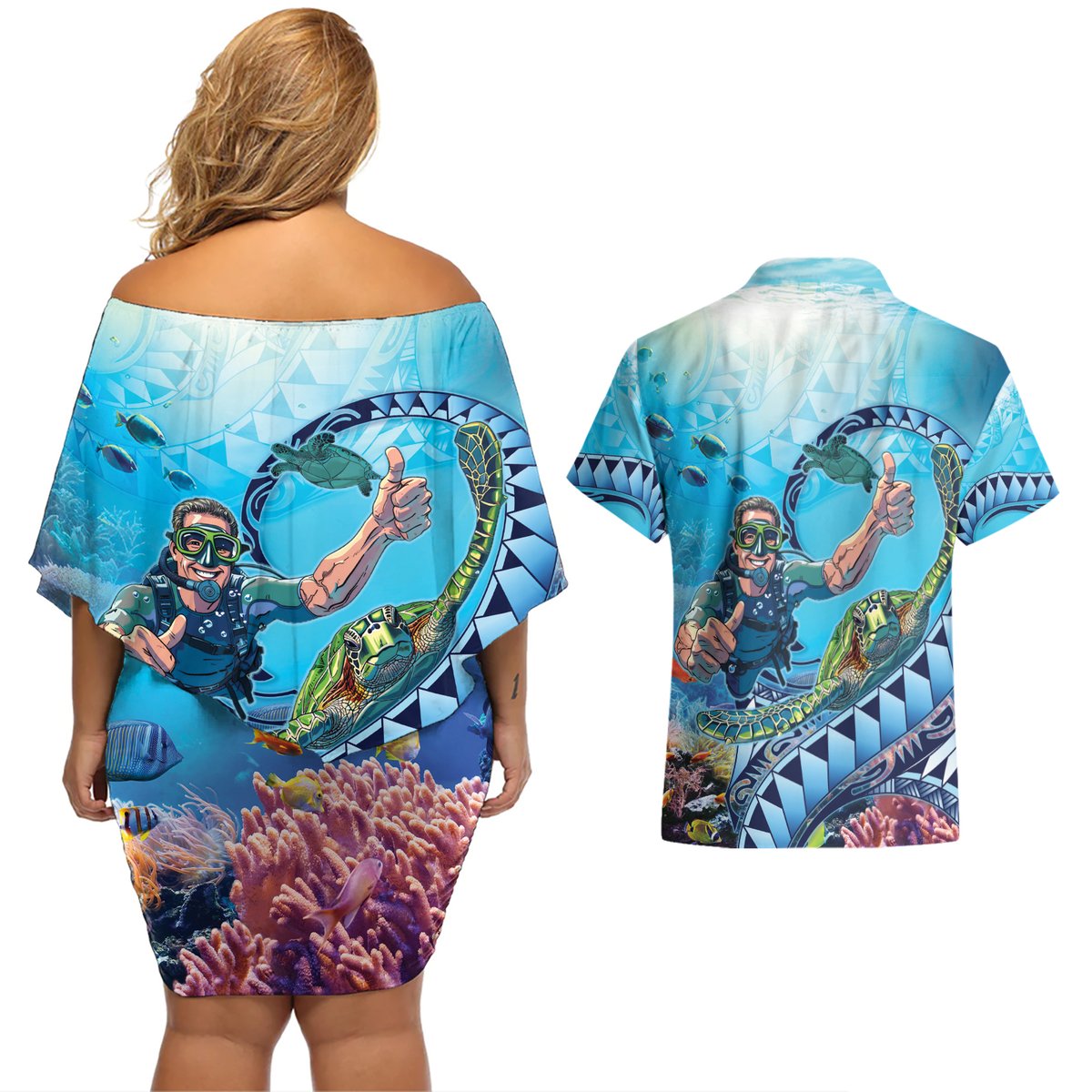 Hawaii Snorkeling Honu Turtle Couples Matching Off Shoulder Short Dress and Hawaiian Shirt Under The Ocean Vibes