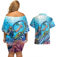 Hawaii Snorkeling Honu Turtle Couples Matching Off Shoulder Short Dress and Hawaiian Shirt Under The Ocean Vibes
