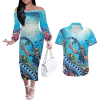 Hawaii Snorkeling Honu Turtle Couples Matching Off The Shoulder Long Sleeve Dress and Hawaiian Shirt Under The Ocean Vibes
