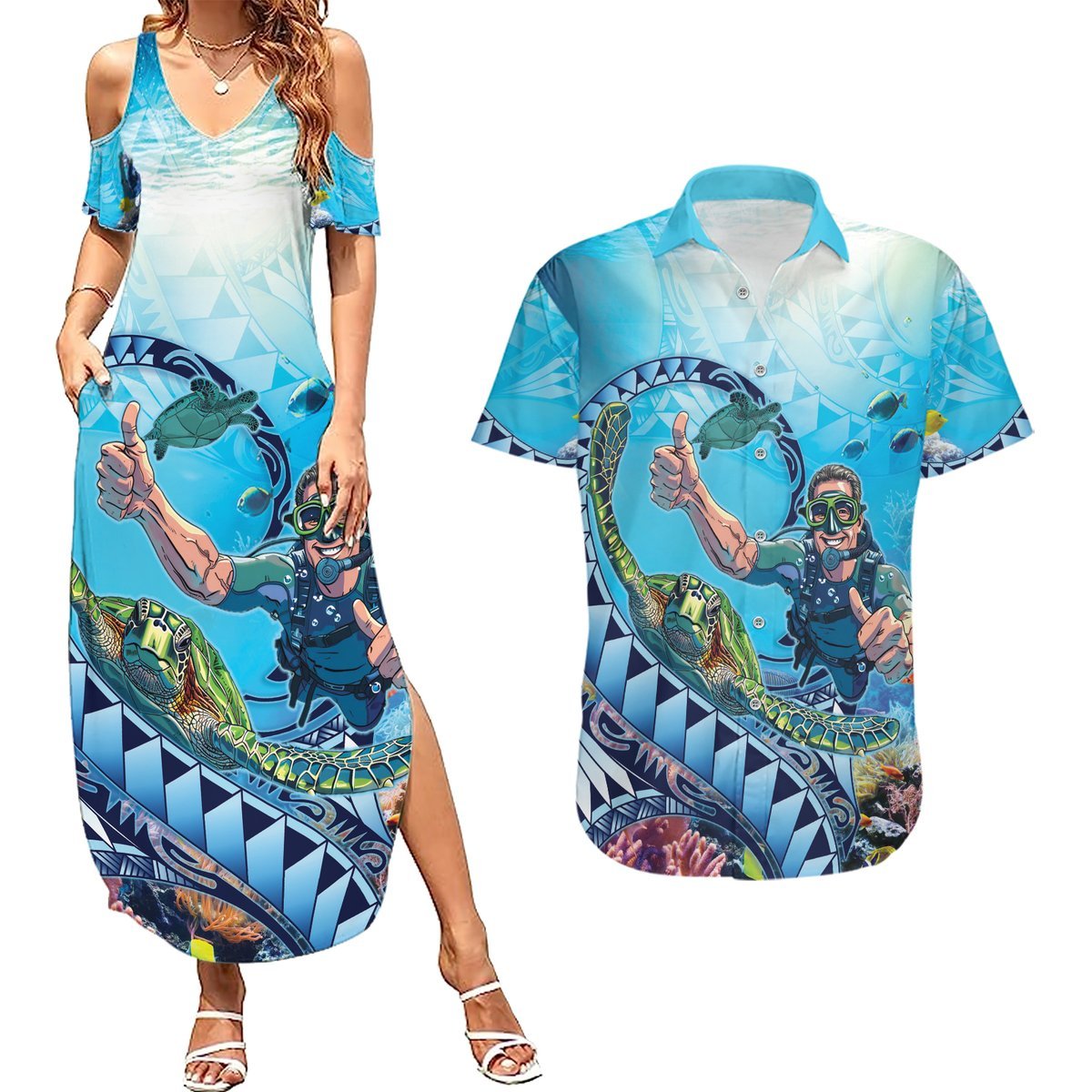 Hawaii Snorkeling Honu Turtle Couples Matching Summer Maxi Dress and Hawaiian Shirt Under The Ocean Vibes LT14 Blue - Polynesian Pride