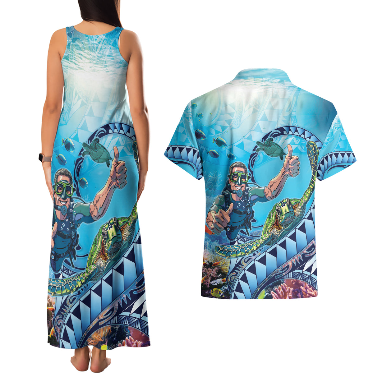 Hawaii Snorkeling Honu Turtle Couples Matching Tank Maxi Dress and Hawaiian Shirt Under The Ocean Vibes LT14 - Polynesian Pride