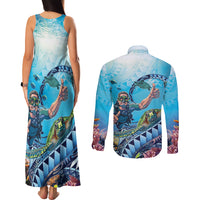 Hawaii Snorkeling Honu Turtle Couples Matching Tank Maxi Dress and Long Sleeve Button Shirt Under The Ocean Vibes