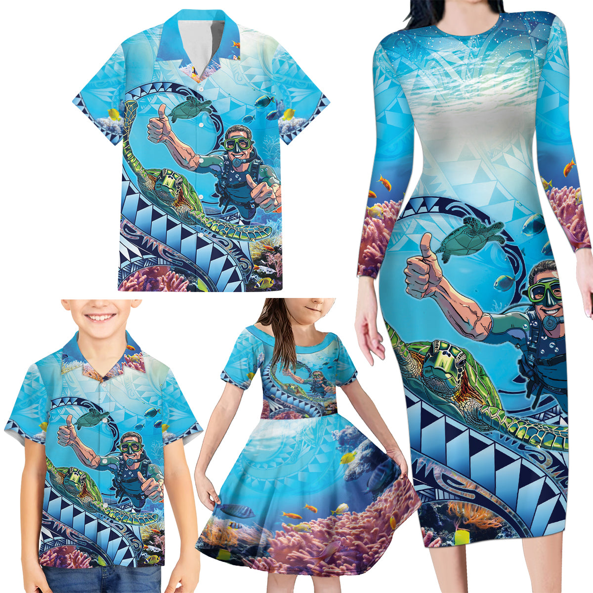 Hawaii Snorkeling Honu Turtle Family Matching Long Sleeve Bodycon Dress and Hawaiian Shirt Under The Ocean Vibes LT14 - Polynesian Pride