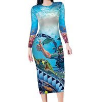 Hawaii Snorkeling Honu Turtle Family Matching Long Sleeve Bodycon Dress and Hawaiian Shirt Under The Ocean Vibes LT14 Mom's Dress Blue - Polynesian Pride